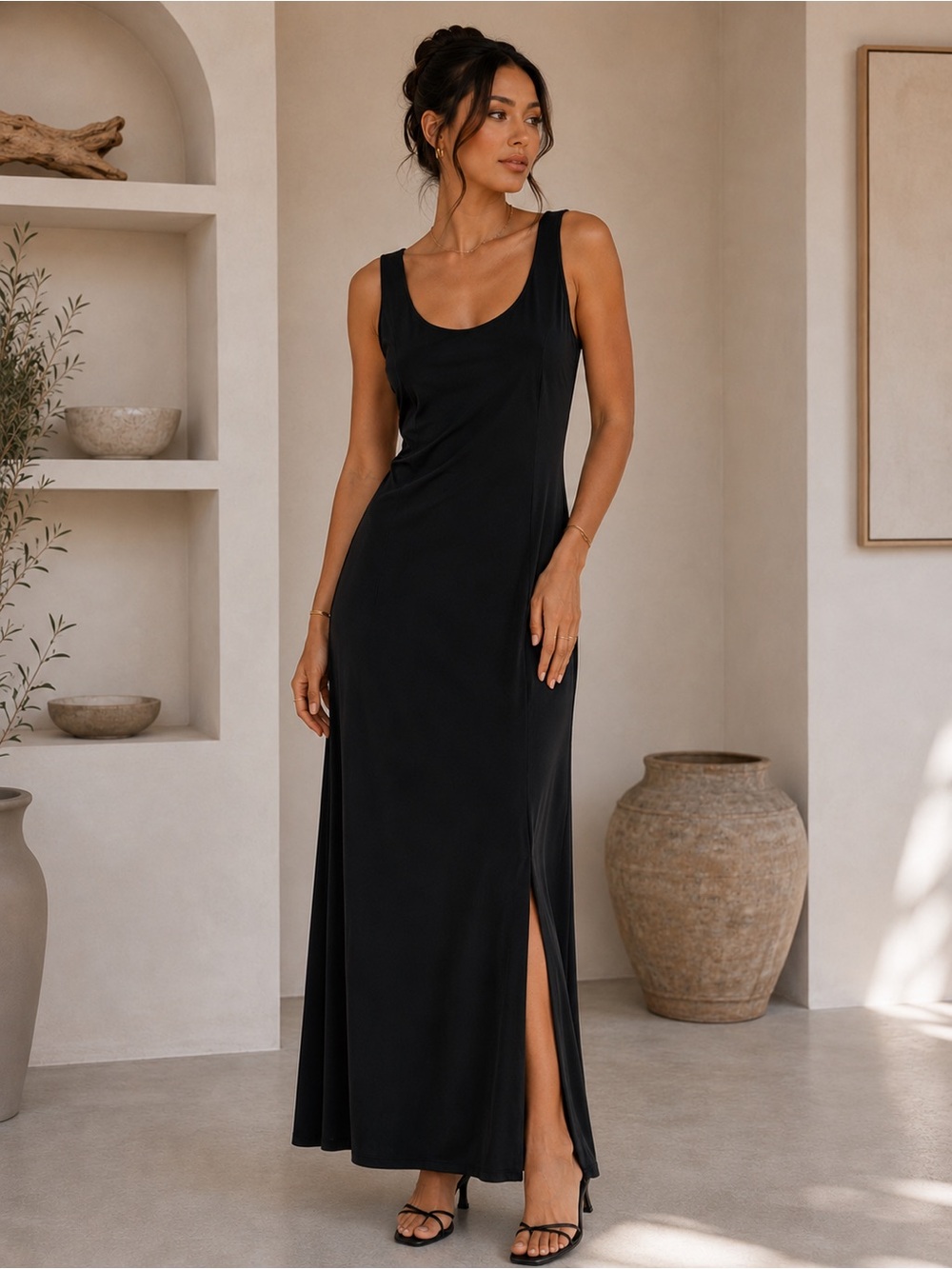 Classic Black Scoop Neck Maxi Dress with Side Slit